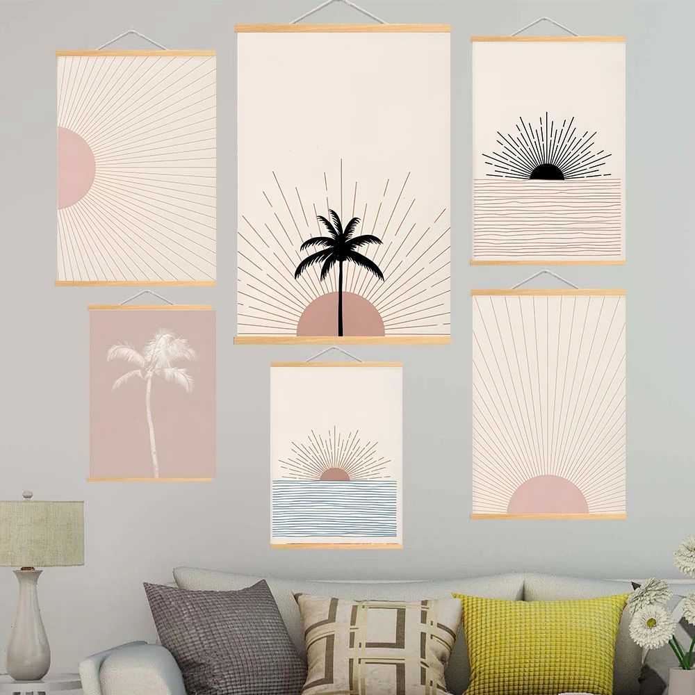 Boho Decor Sunburst Printable Wood Hanging Scroll Painting Abstract Sun Mid Century Palm Tree Poster Geometric Sunrise Horizon