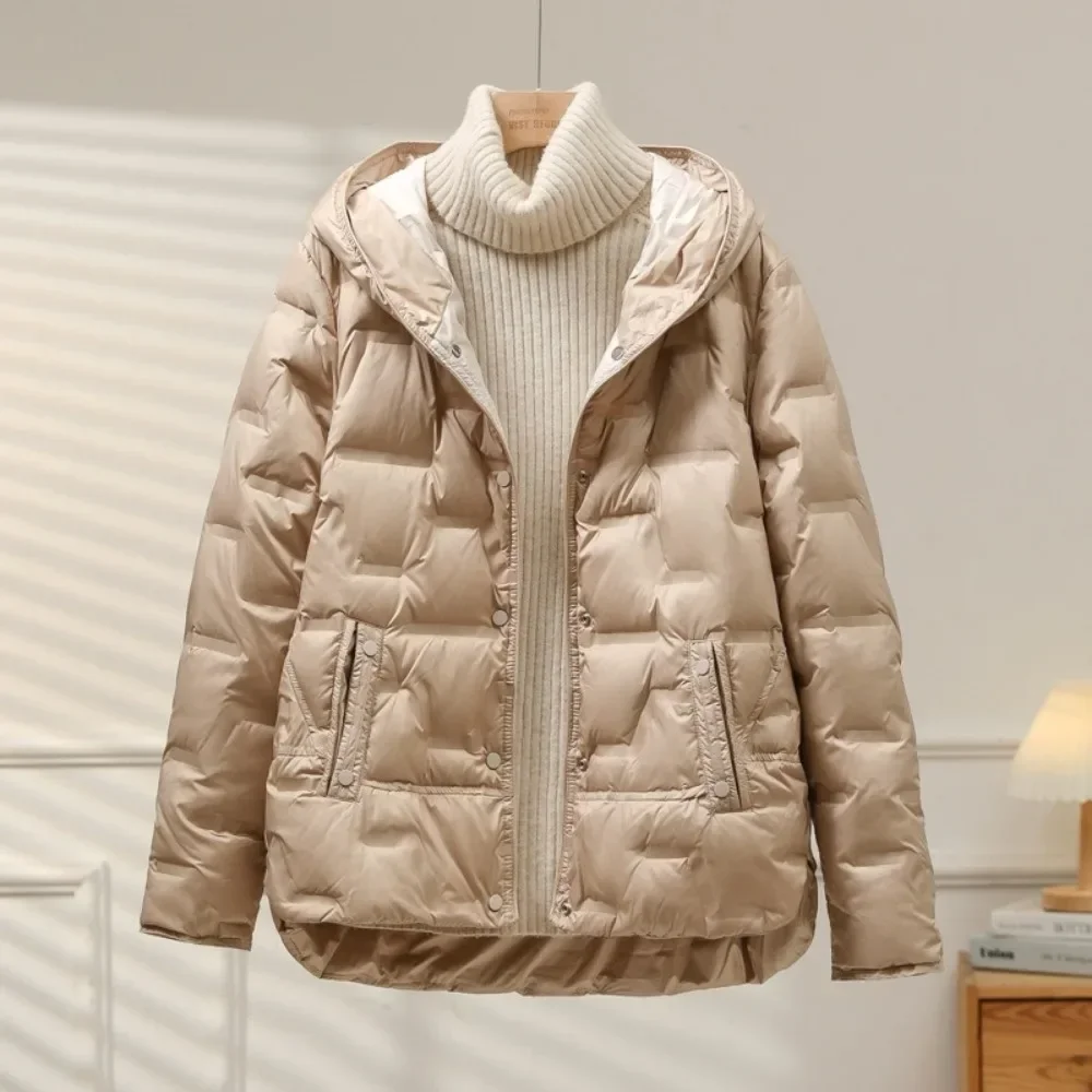 White Duck Down Coat 2024 New Hooded Single Breasted Jacket Fashion Light Puffer Parka Outwear  Autumn Winter Women Casual