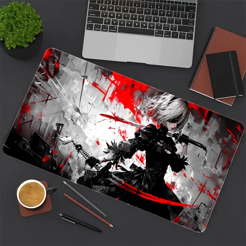 mouse-pad-gamer-grande-e-estendido-antiderrapante-com-detalhes-em-vermelho-tema-garota-guerreira-anime-preto-e-branco-para-gamers-e-home-office