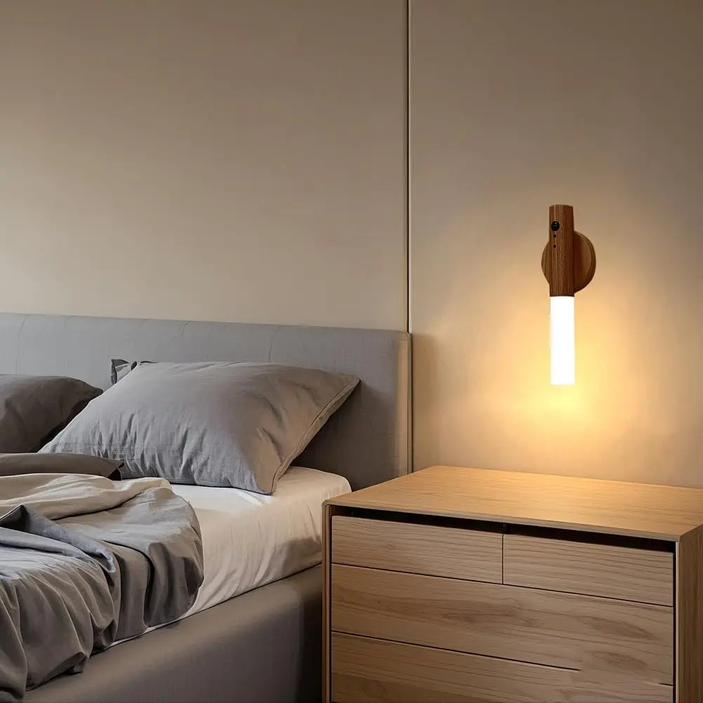 Lampu Malam Walnut dengan Sensor Gerak & Kontrol Sentuh RGB, Set Lampu Dinding Kayu Isi Ulang USB untuk Kamar Tidur, Tangga, Kamar Mandi