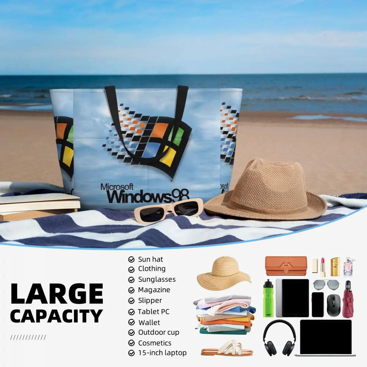 Windows 98 Start Screen Beach Tote Bag Sport Gym Yoga Duffle Large Tote Bag حقيبة سفر نسائية حقيبة لياقة بدنية