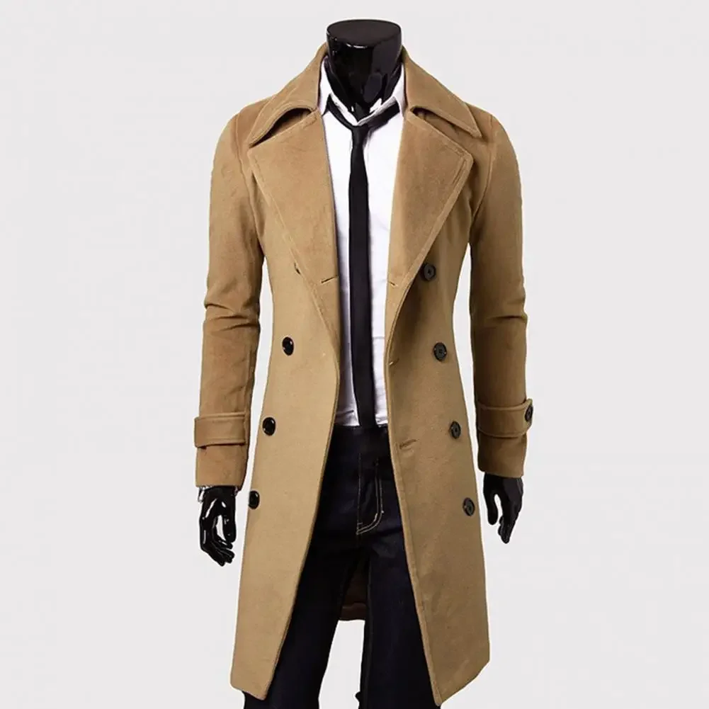 

Simple Trench Coat Double-breasted Male Men Coat Coldproof Pure Color Jacket