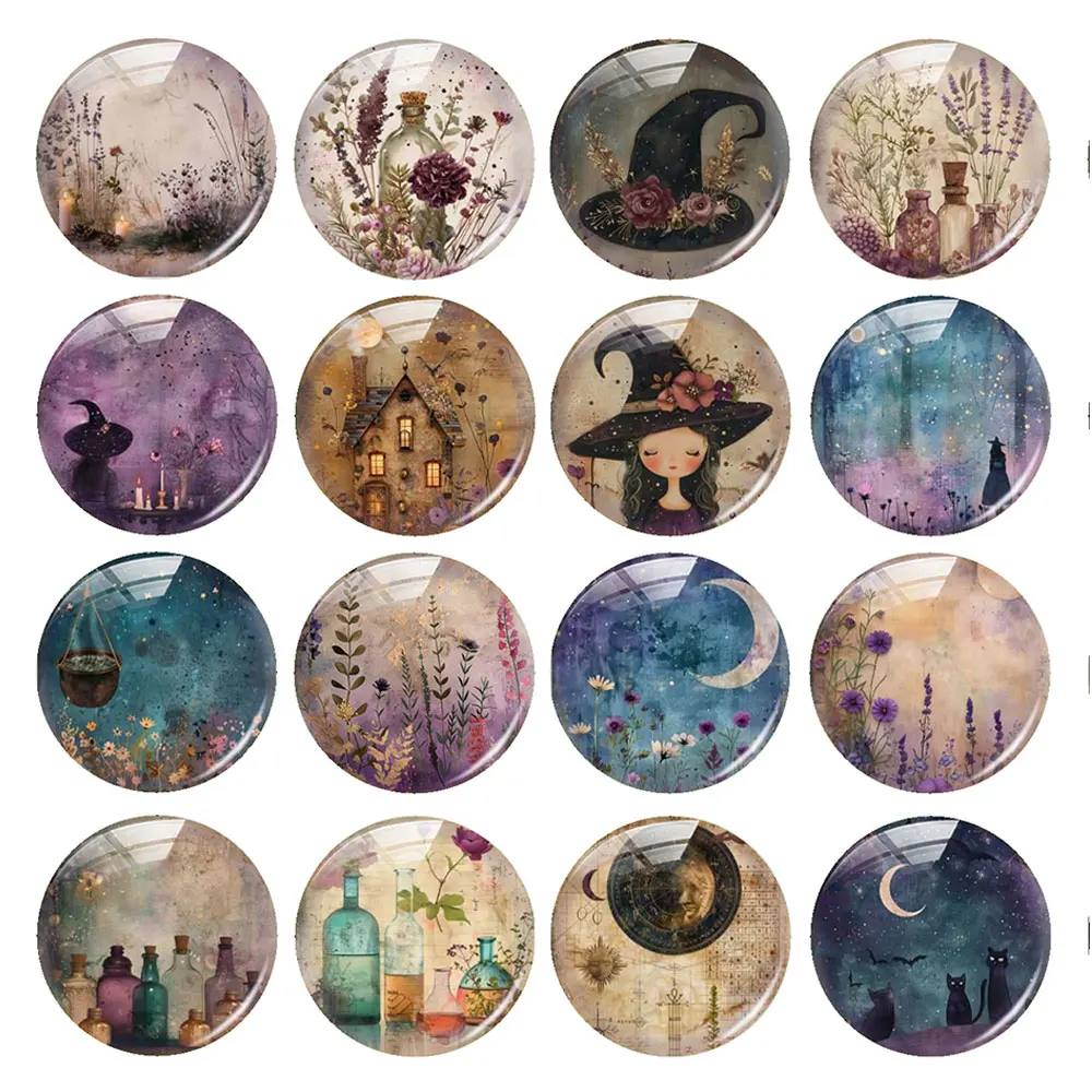 Random Mixed Round/Oval/Square Vintage Witch Herb Moon Hat Photo Glass Cabochon Flatback Demo Cameo For Diy Jewelry Making