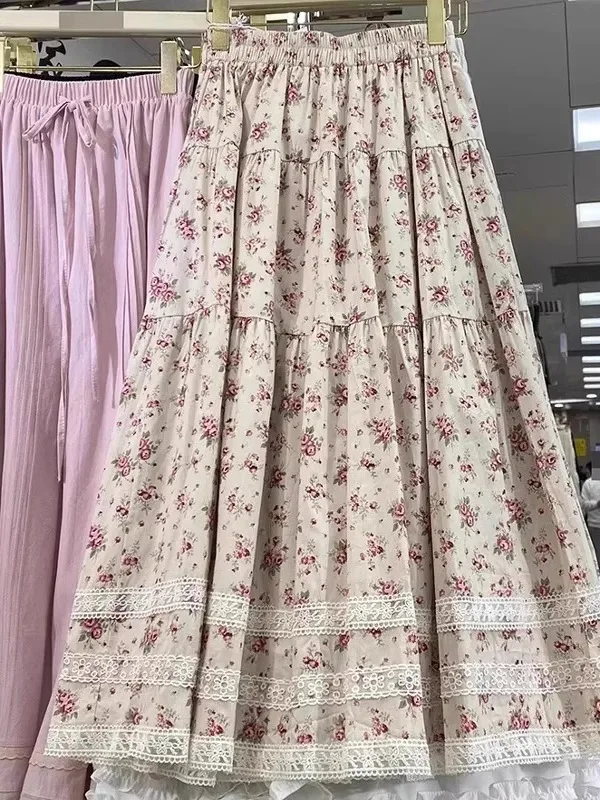 

plus Size Floral Print A-Line Midi Skirt Women's Spring Summer Loose Fitting High Waist Patchwork Korean Sle Long Skirt