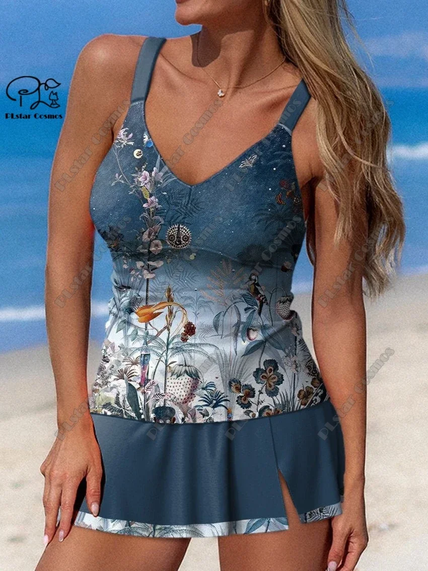 Women's summer small fresh floral 3D printing suspenders + skirt swimsuit suit swimsuit vacation travel new swimsuit C-11