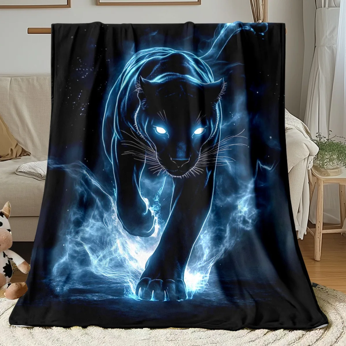 A Single Piece of Panther Blanket Featuring a Blue, Enchanting Glow, Made of Lightweight Flannel. Ideal for Home Decor, It Can B