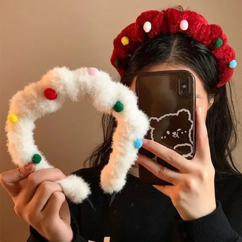 

New Korean Colorful Round Ball Plush Headbands for Women Sweet Cute Girls Christmas Hair Bands Fashion Hair Accessories Gifts
