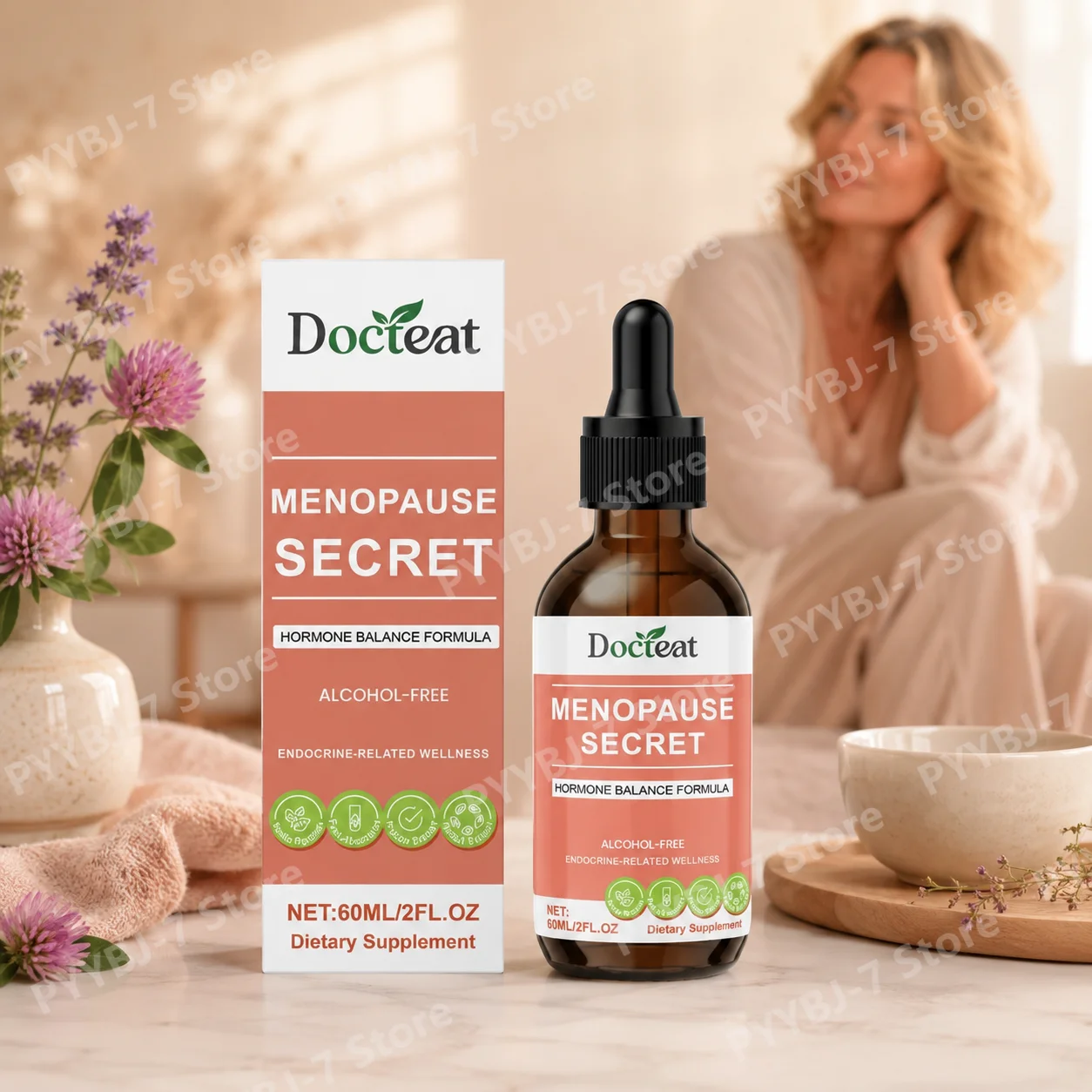 Menopause Support Drops 60ml Alcohol-Free Black Cohosh, Vitex, Red Clover Herbal Liquid Supplement product photo