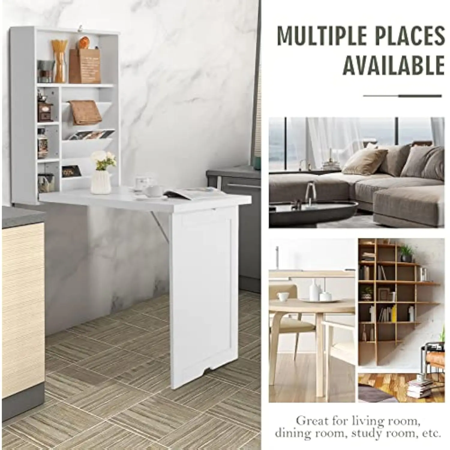 Wall Mounted Table W/Classified Storage Space, Foldable Multiple-Purpose Desk, Sturdy Wood Structure, Floating Convertible Desk