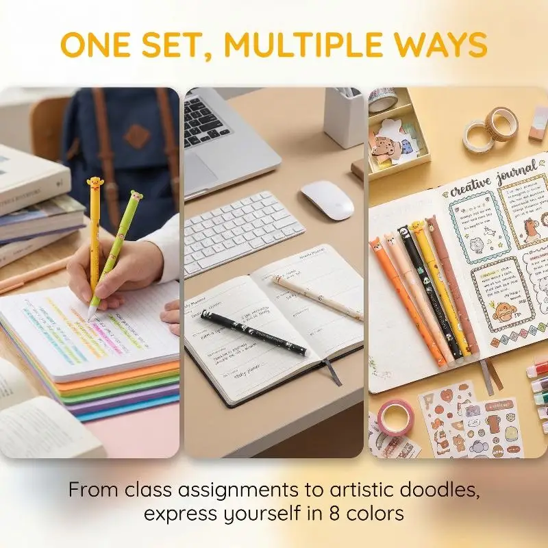 

Animal Shape 8Pcs Erasable Gel Pens Smooth Writing Refillable Office School Supplies for Notes Journaling