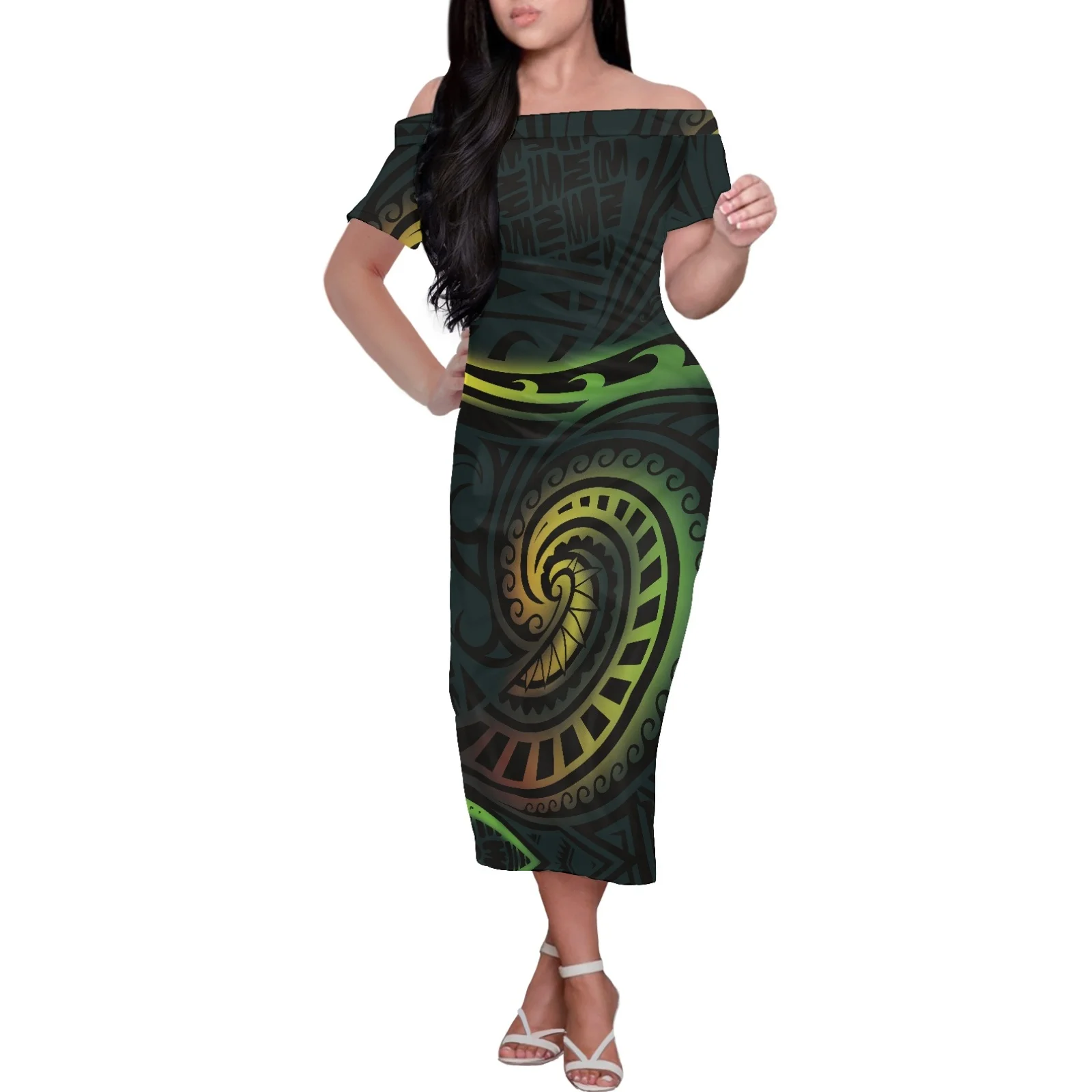 

Hawaii Stripe Elegant New Party Dress Women Summer Short Sleeve Tattoos Print Clothing Bodycon Off Shoulder Long Dress