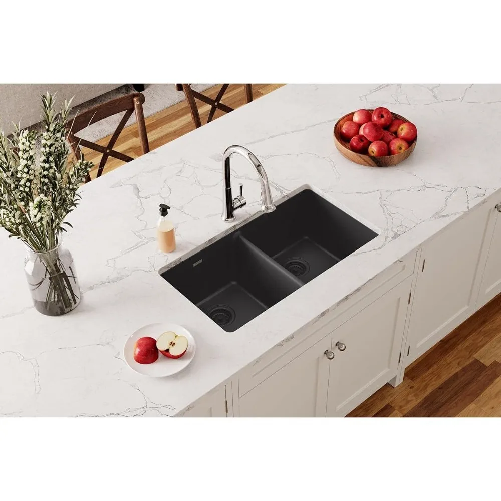 Elkay Quartz Classic ELGU3322BK0 Equal Double Bowl Undermount Sink, Black