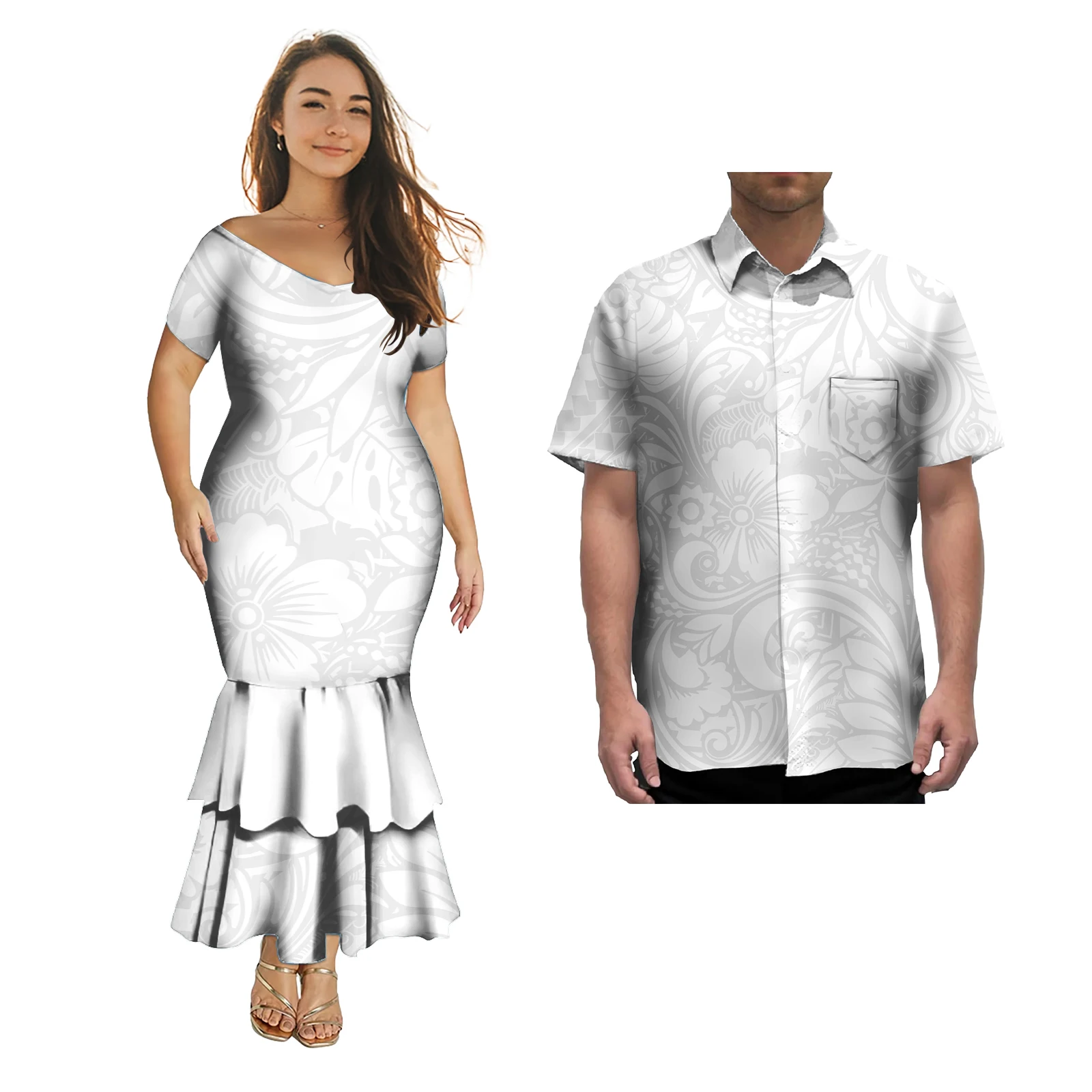 Abito da coppia da donna Abiti bianchi Stampa a sublimazione Abiti da ufficio casual autunnali tribali samoani abbinati alle camicie Aloha da uomo