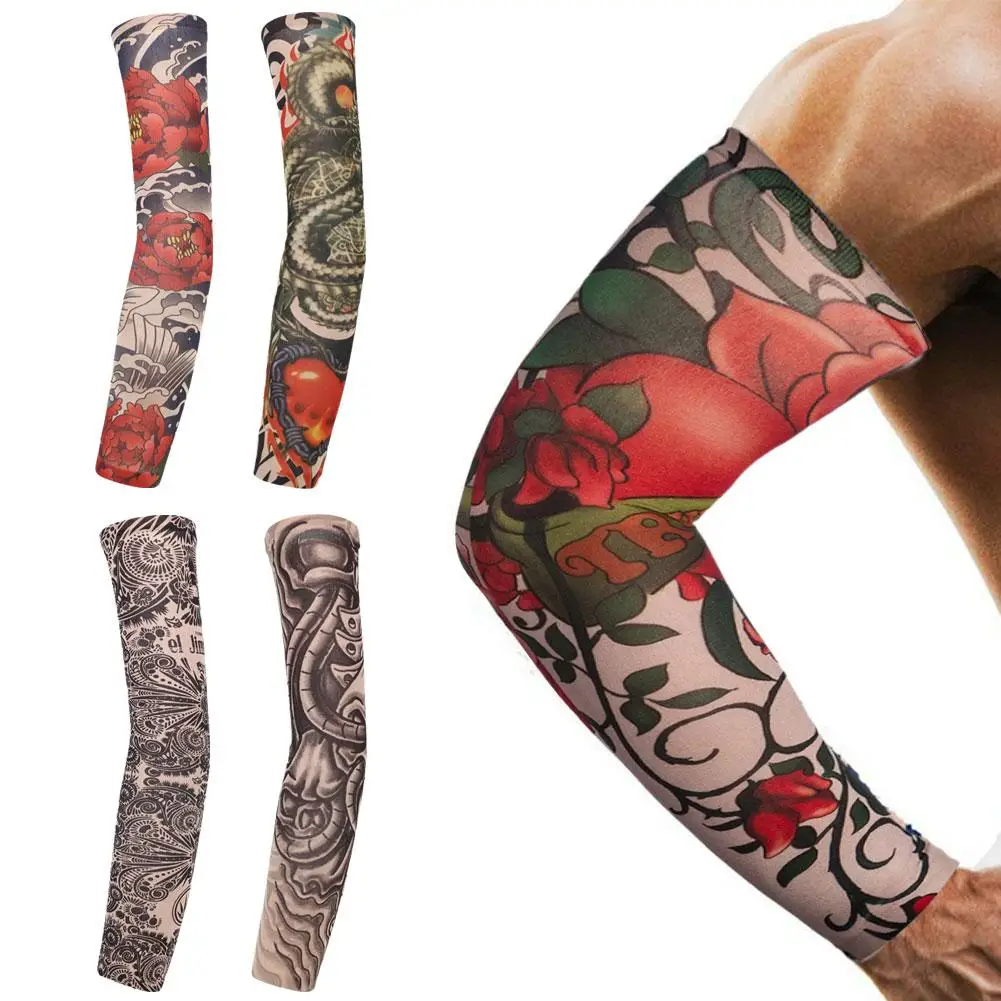 Manga de tatuaje para hombre, mangas de tatuaje temporal falso, calentadores Unisex, protección elástica UV, estampado fresco, Punk a prueba de sol