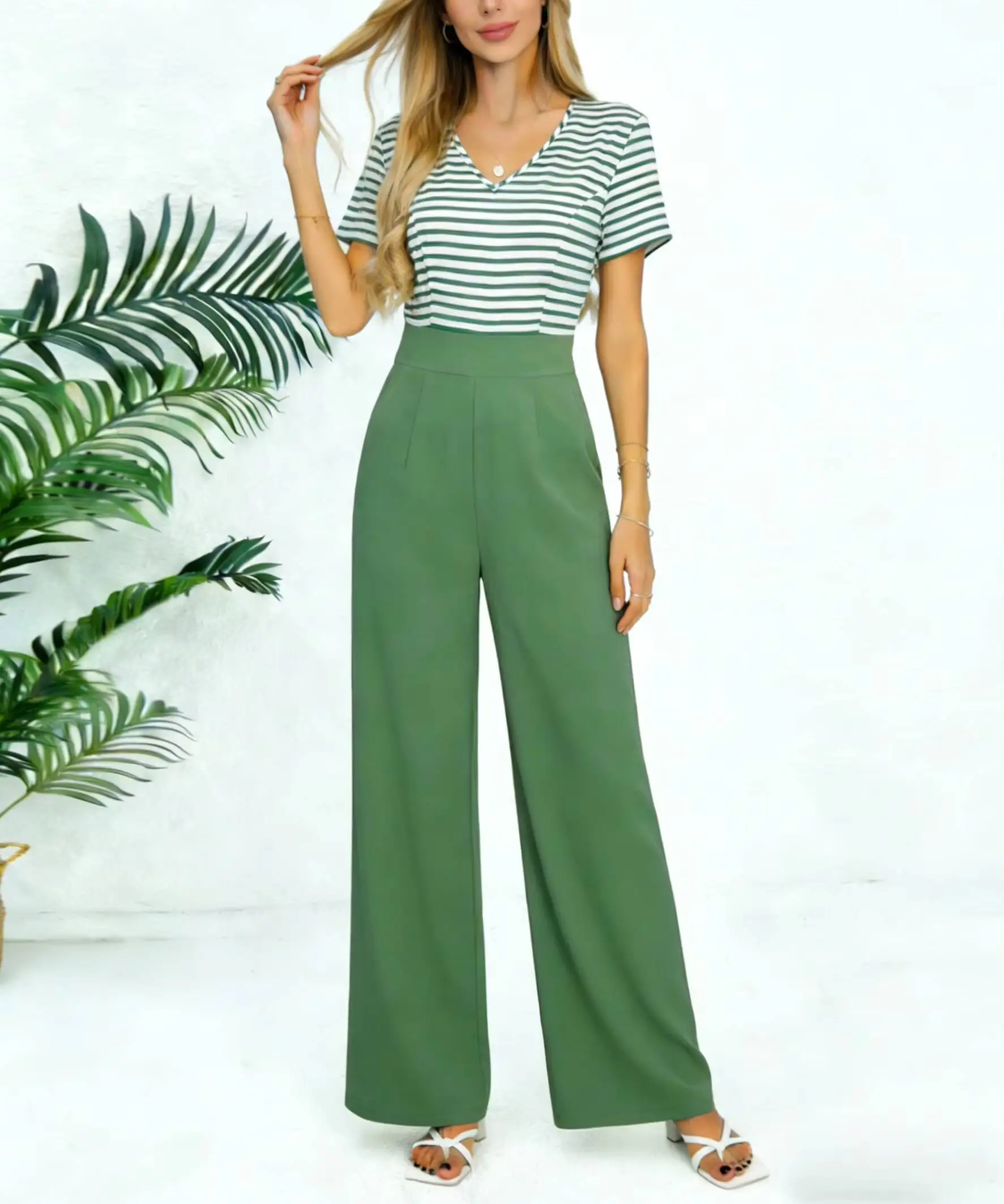 

Women Jumpsuit Striped V Neck Short Sleeve High Waist Wide Leg Pants Spring Summer Office Casual Daily Loose Fit Elegant Romper