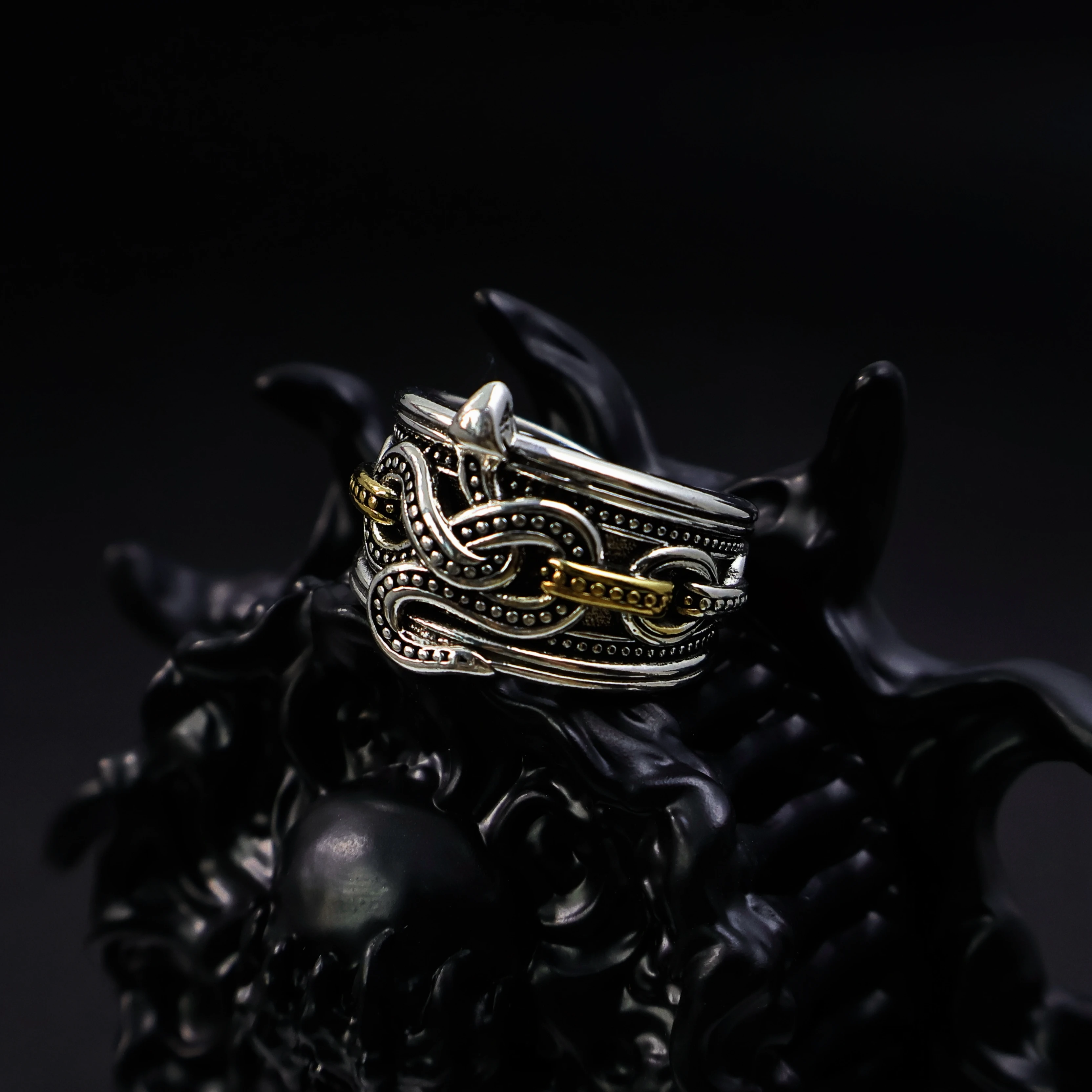 Retro Chained Snake Adjustable Open Ring For Men Silver-plated Copper Gothic Punk Edgy Indie Jewelry Niche Accessories Cool Gift