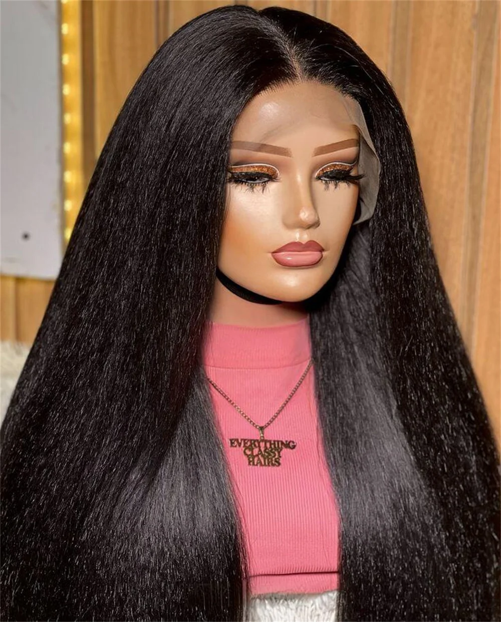 Perruque Lace Front Wig Yaki Synthétique, Cheveux Crépus Lisses, Doux, Longs, Noirs Naturels, 26 Pouces, Pre-Plucked, Sans Colle, pour Femme