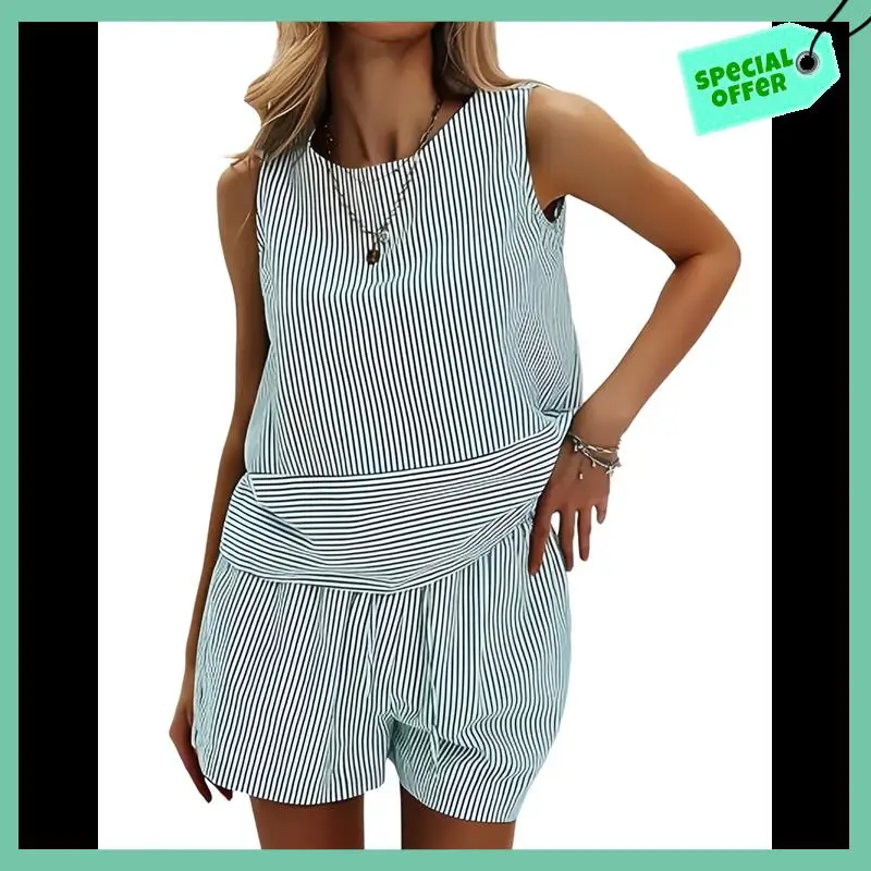 

Sturdy Women's Summer 2 Piece Outfits Sleeveless Tank Top Matching Shorts Sets Cotton Striped Sweatsuits