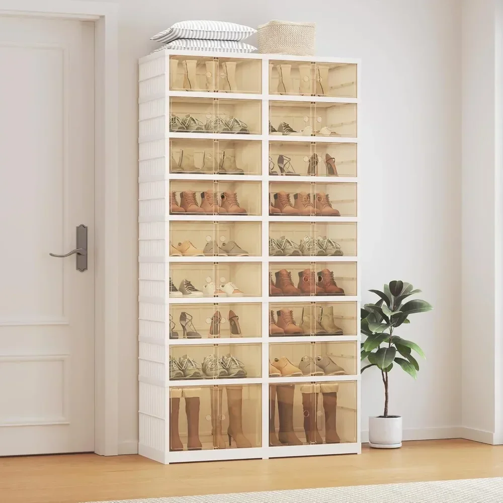 

9-Tier Tall Collapsible Shoe Storage Organizer for Closet, 36 Pairs Plastic Foldable Shoe Rack Cabinet with Clear Door