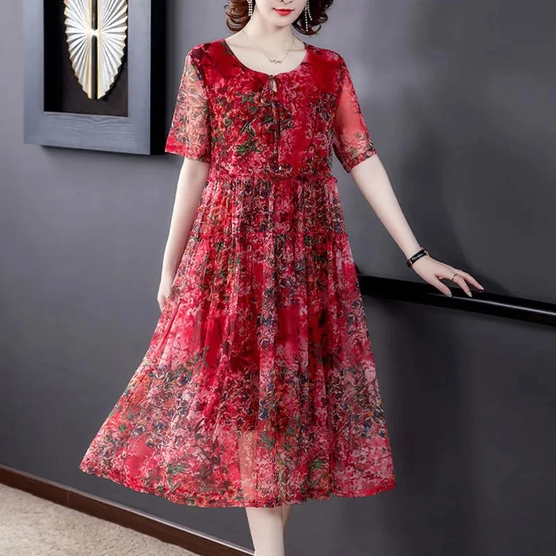 2024New Summer Women\'s Dress Korean Printed Mid Long Dress Loose Elegant Middle-aged Female Mesh Dresses Women\'s Clothing 4XL