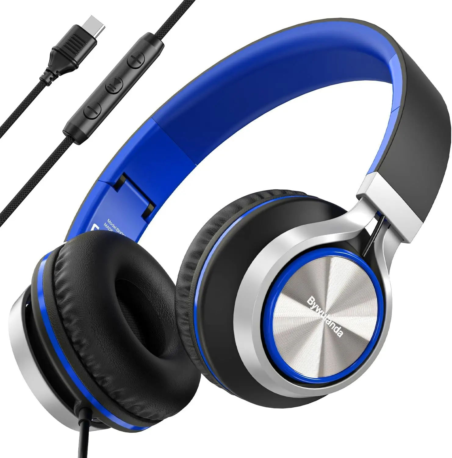 USB C Headphones with Mic and Volume Control, Over Ear Stereo Headset for iPhone 15 16 Pro, Wired Foldable Headphones-Black/Blue