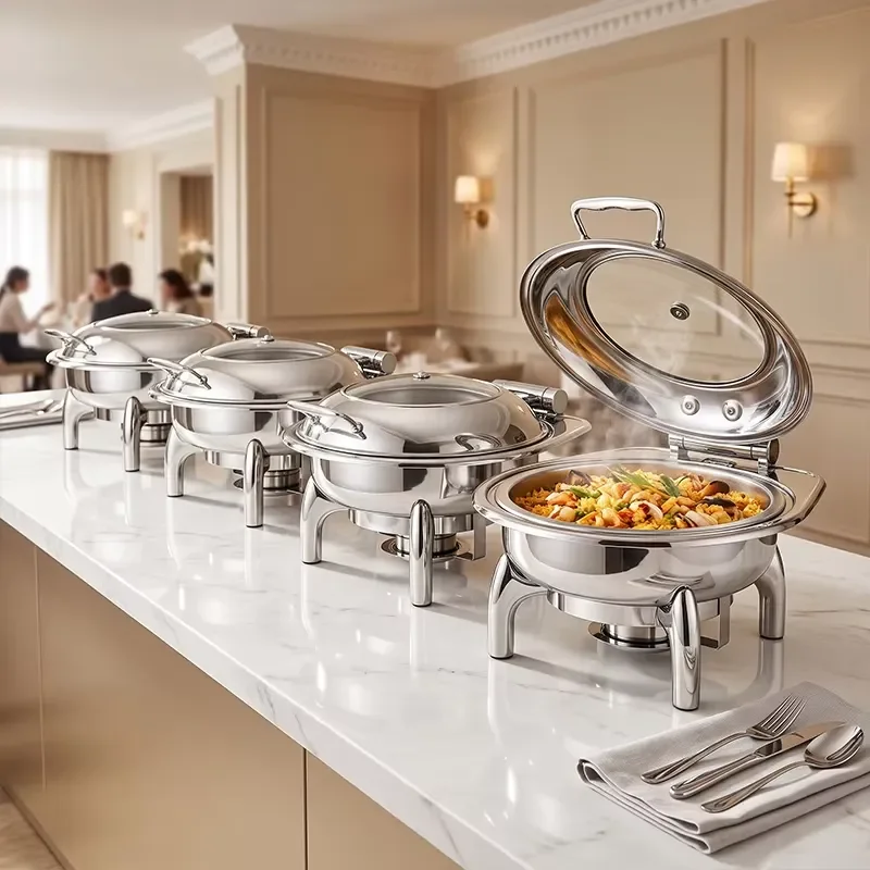 Stainless Steel Round Buffet Warmer Visible Glass Lid Hydraulic Hinge Electric Plate Food Warmer for Restaurant Use 220-240V