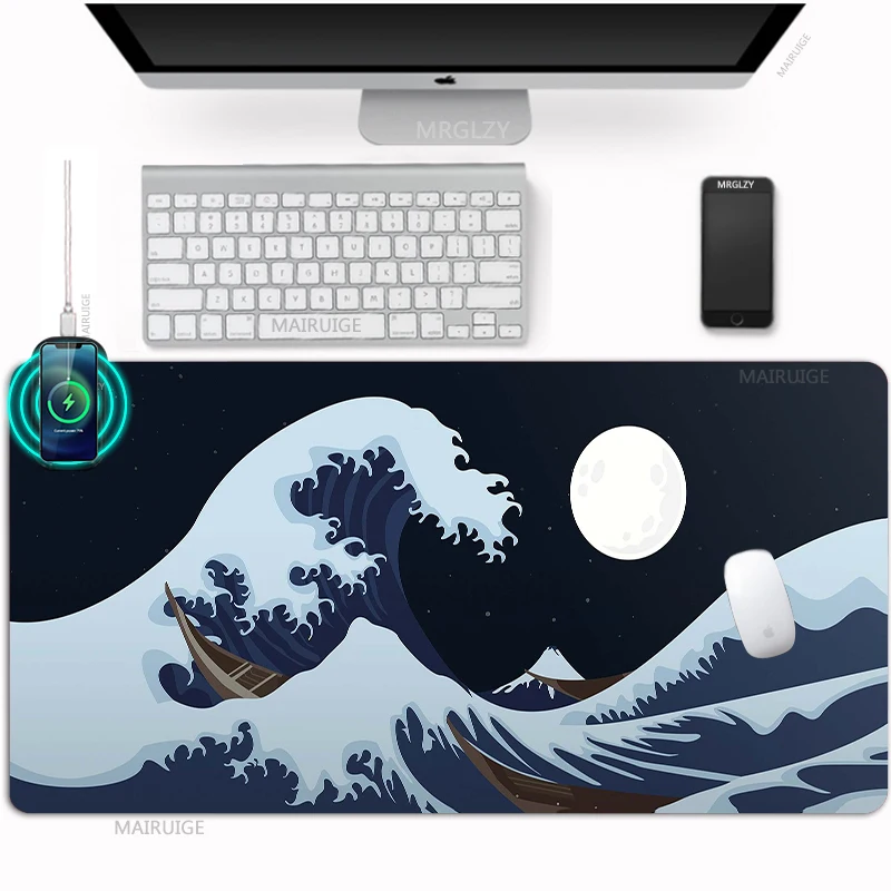 Ukiyo-e Wireless Charging Mouse Pad Table Mats Large Charge Desk Pad Mousepad Mat Giant Waves Gamer Accessories Carpets Koi Rug