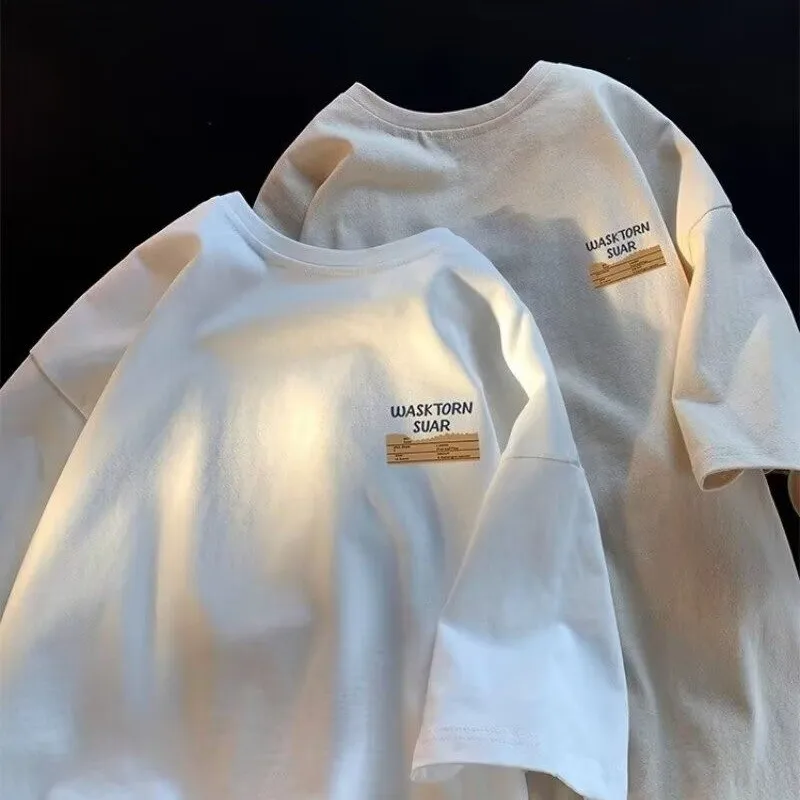 M-8XL Camiseta de gran tamaño para hombre, camiseta informal holgada de estilo americano con letras simples y estampado de notas, camisetas juveniles, expresiones divertidas americanas