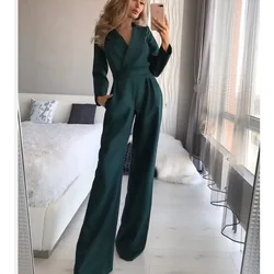 Women's Fashion Solid Slim High Waist Jumpsuits Spring Autumn 2023 New Jumpsuits Women's Long Sleeve V-neck Wide Leg Jumpsuits