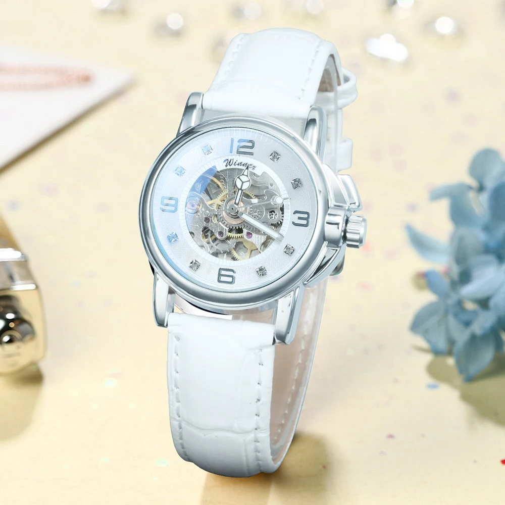 WINNER Fashion Iced Out Skeleton Automatic Mechanical Watch for Women Luminous Hands Elegant Ladies Watches White Leather Strap