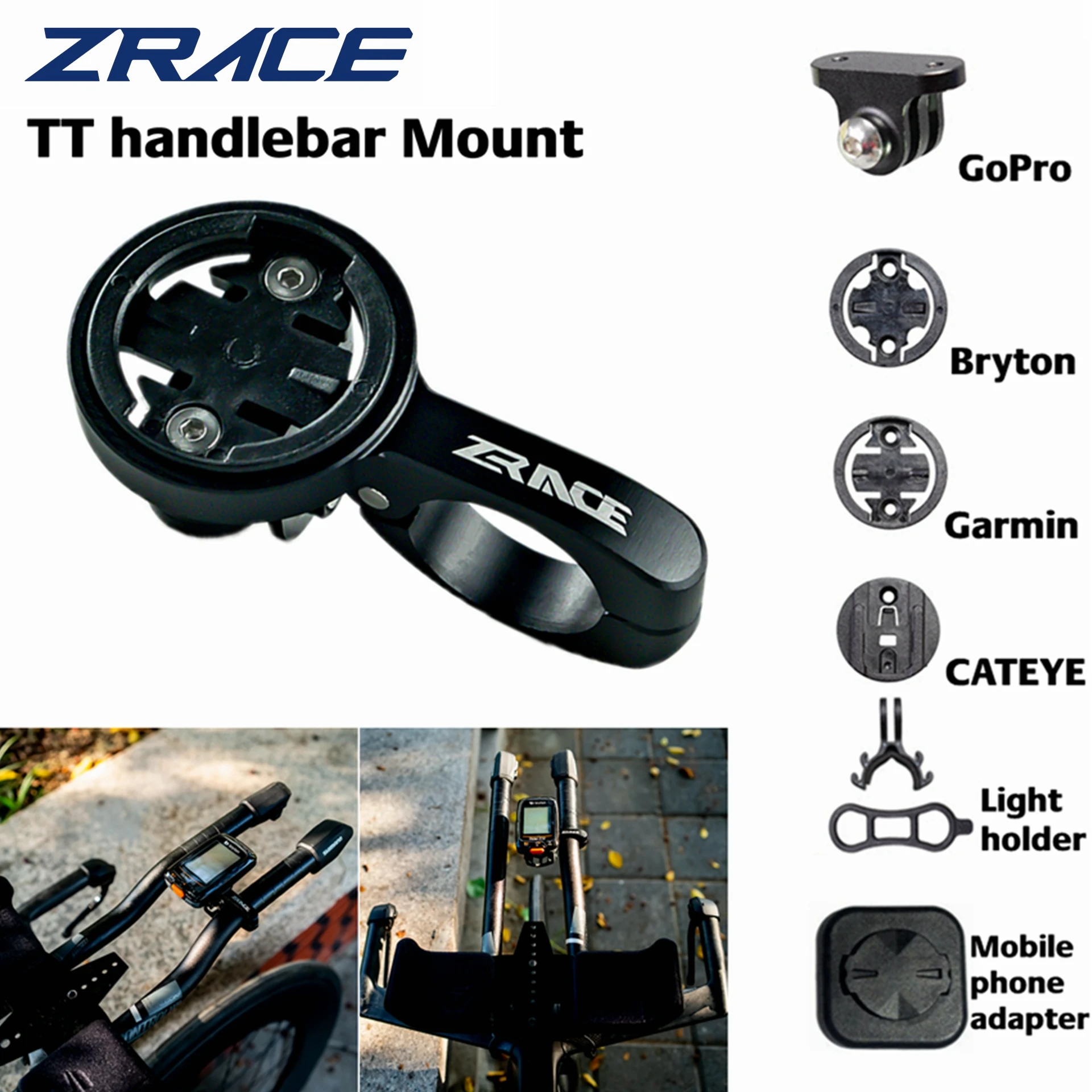 ZRACE TT Handlebar Computer Mount - Black, Out Front Holder for iGPSPORT Garmin Bryton GoPro CATEYE Camera