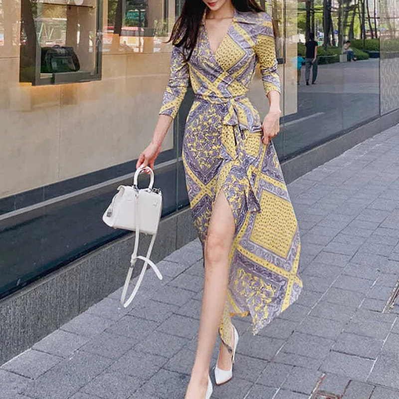 

Spring Summer New V-neck Three Quarter Midi Dress Women High Street Printing Dresses Elegant Lacing Bow All-match Chic Vestidos