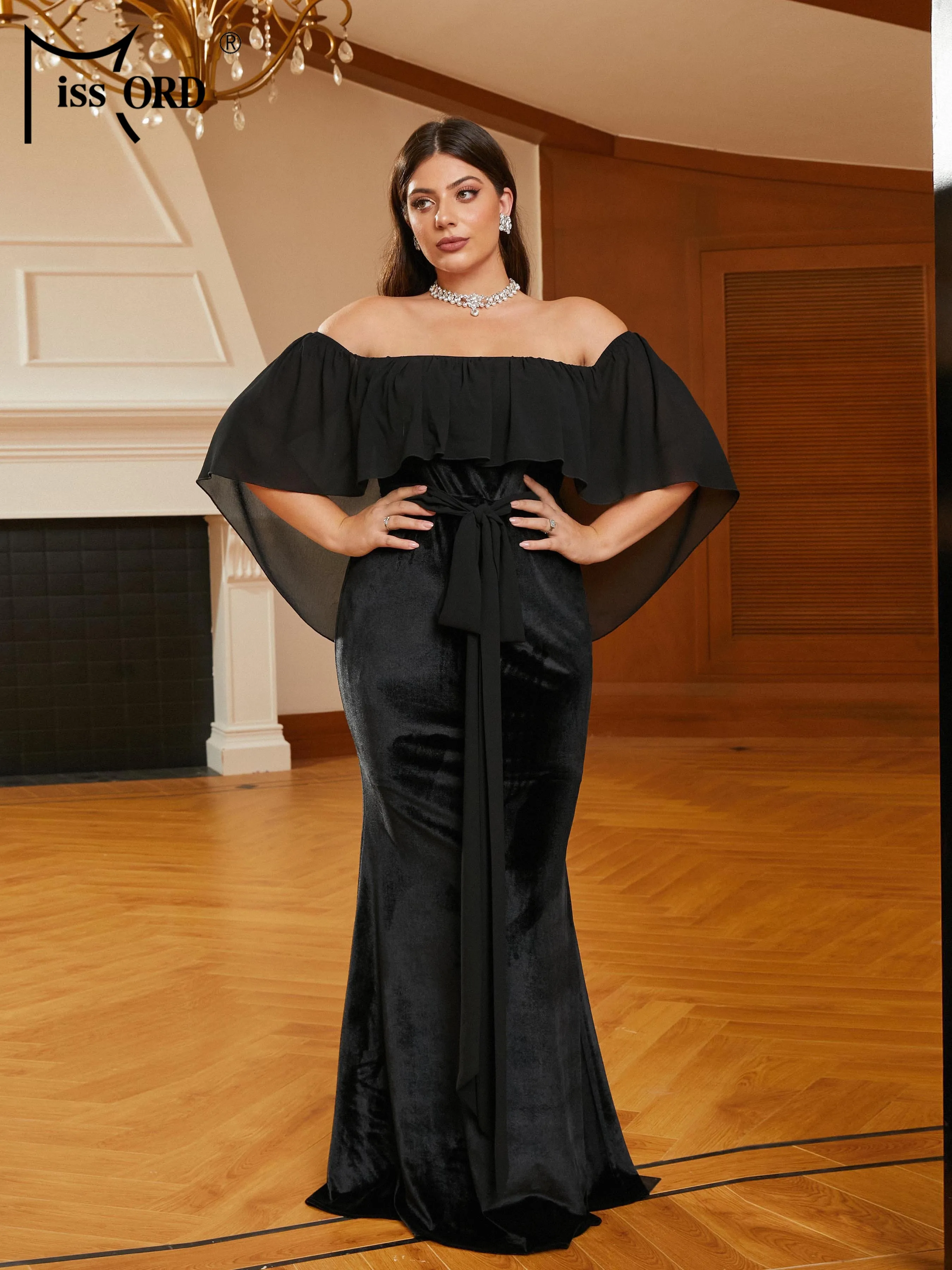 Missord Plus Size Batwing Sleeve Black Off Shoulder Mermaid Evening Dress Formal Occasion Prom Dresses