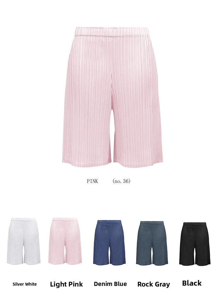 Summer High Waist Elastic Waist Pleated Short Pants Women's Casual Pure Color Five-Point Multi-Color Polyester Fiber