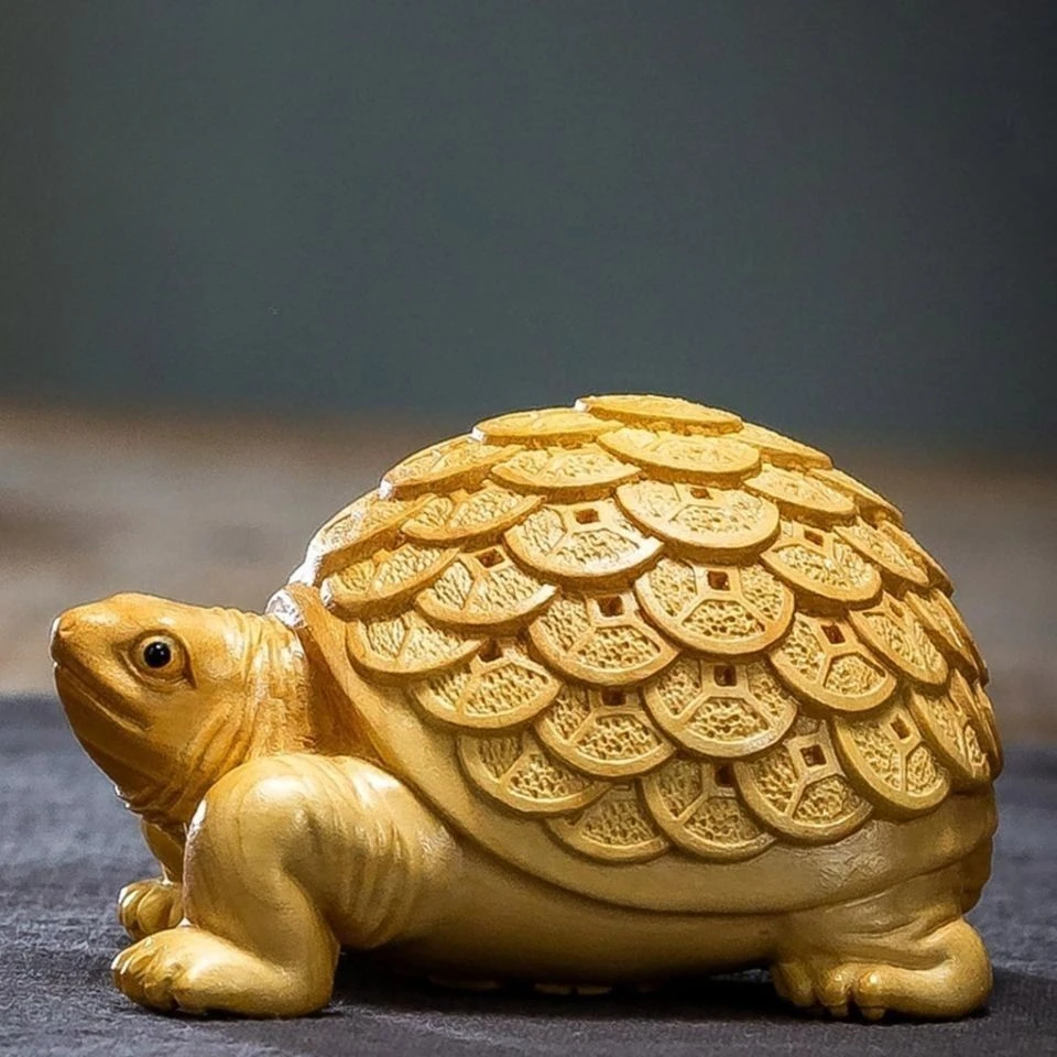 Cliff Cypress Wood Carving, Gold Dragon, Turtle Decoration, Fortunate, Tea, Pet, Auspicious Animal, Household Decoration