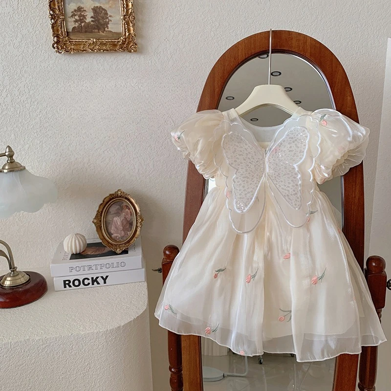 2025 Summer Girls' Dress Fashion Short Sleeve Three Dimensional Glitter Wings Korean Edition Sweet Bubble Sleeve Flower