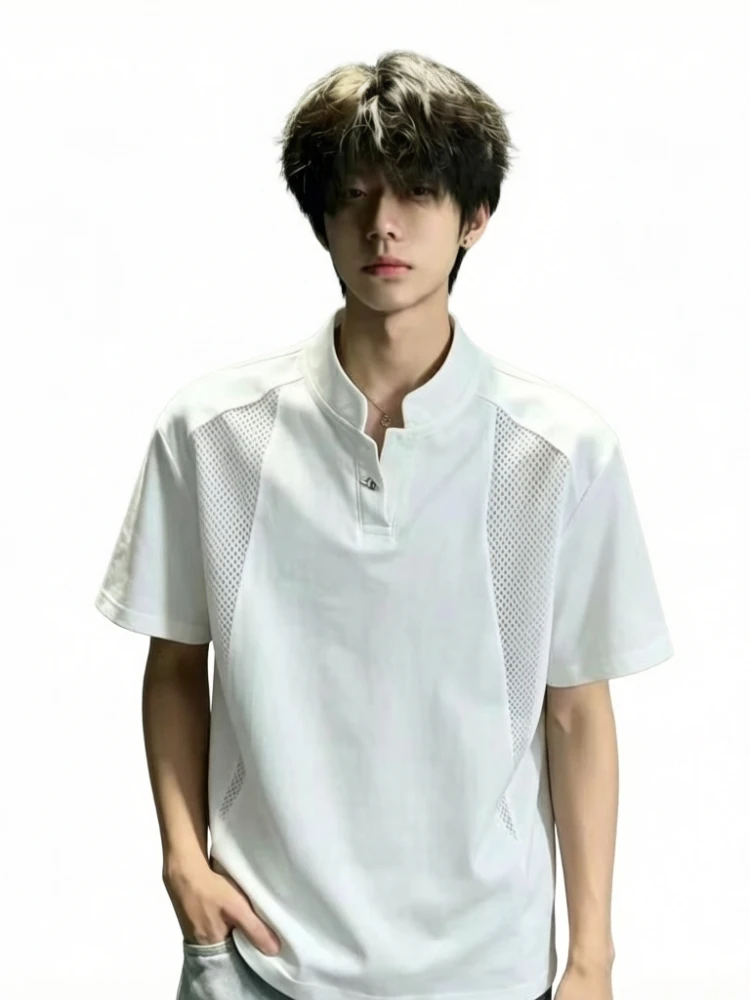 Men's American Style Mesh Panel Patchwork Henley Tee Ice Silk Quick-dry Short Sleeve Casual T-shirt Summer Top Streetwear