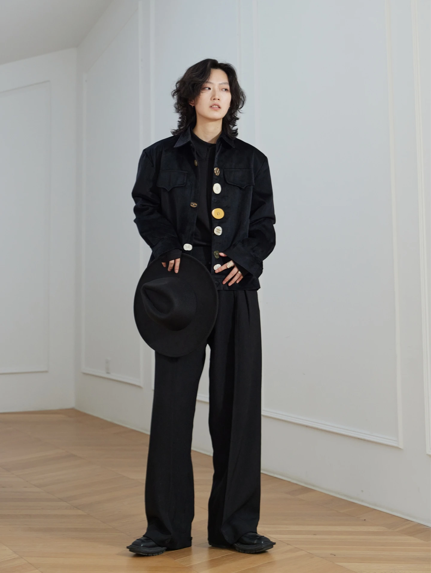 Sunyvonne22FW Unique  Darker New Chinese Style  Buttoned Corduroy Jacket  Collar Long Sleeve Regular Length