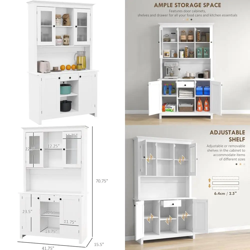 Rustic Farmhouse Style Kitchen Buffet Hutch with 4 Doors and Microwave Stand for Storage and Organization