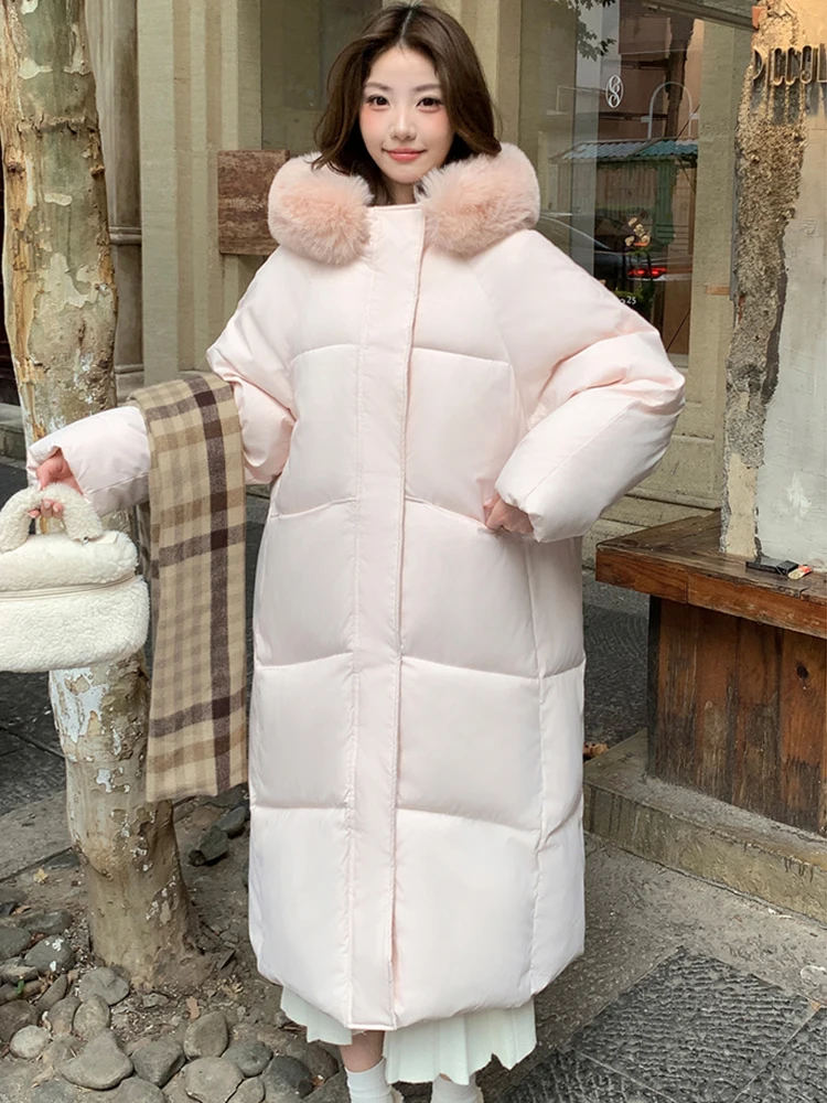 

Zoki Sweet Pink Длинные пышные парки Женская мода Зимняя толстая теплая куртка с капюшоном из искусственной лисы с длинным рукавом Корейская милая хлопковая куртка Новая