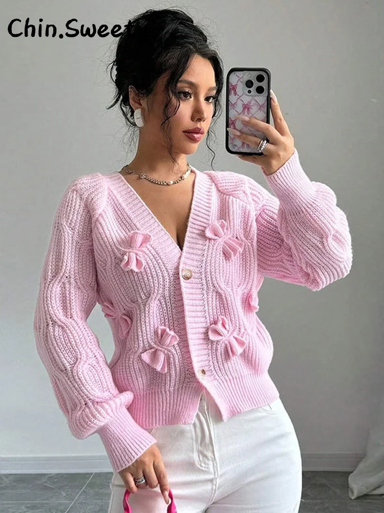 

Chic Knitted 3D Bow Cardigan Women Solid Loose V-neck Full Sleeve Single Breasted Shirts 2025 Autumn Lady All-match Outwears New