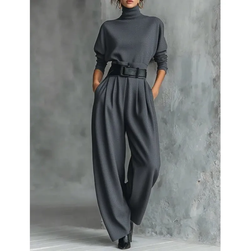 Vintage Solid Women's Two Piece Set Autumn Fashion High Collar Top+High Waist Pants Suit Ladies Casual Office Outfit With Belt