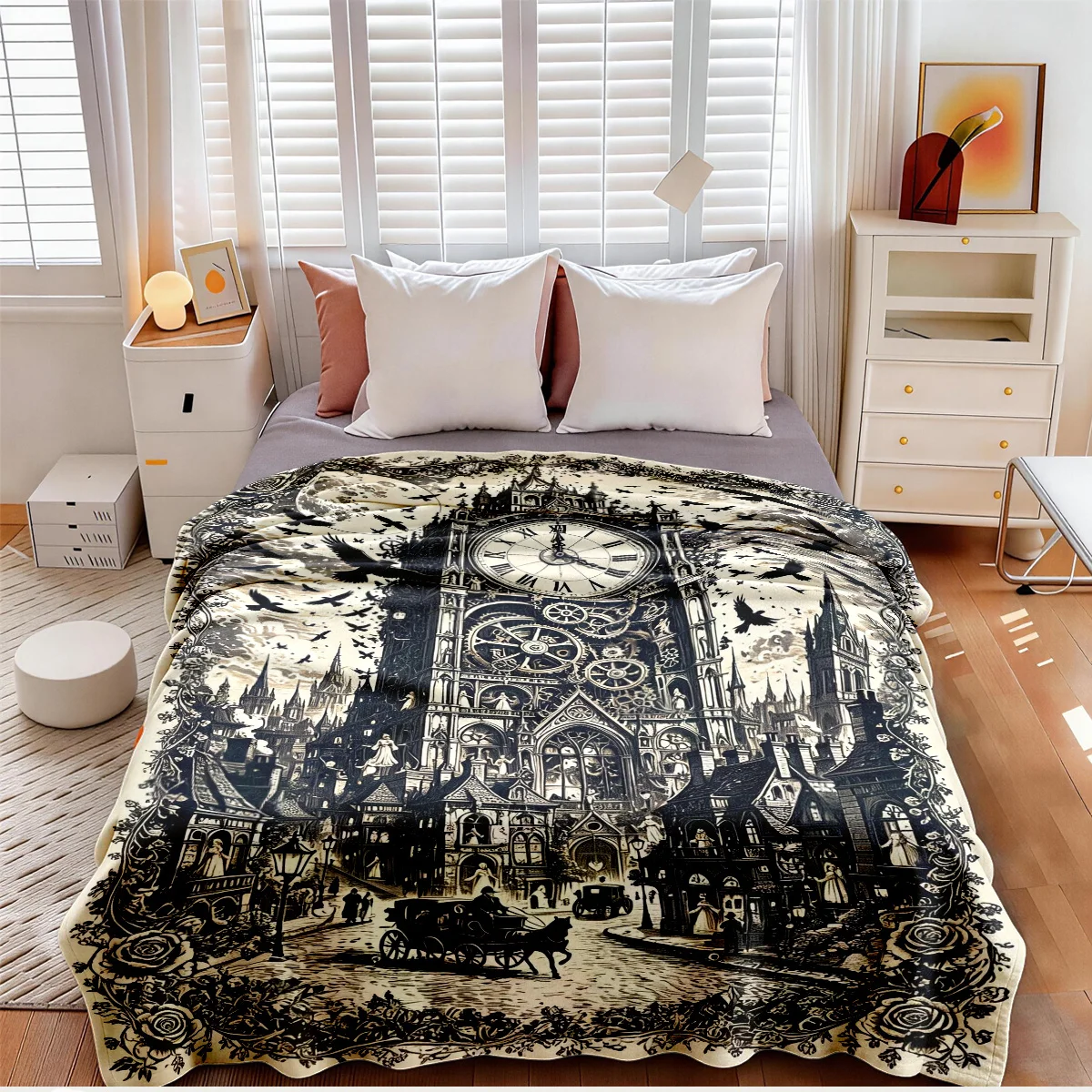 Vintage London Clock Tower Cityscape Throw Blanket Gothic Steampunk Art Home Decor Cozy Throw