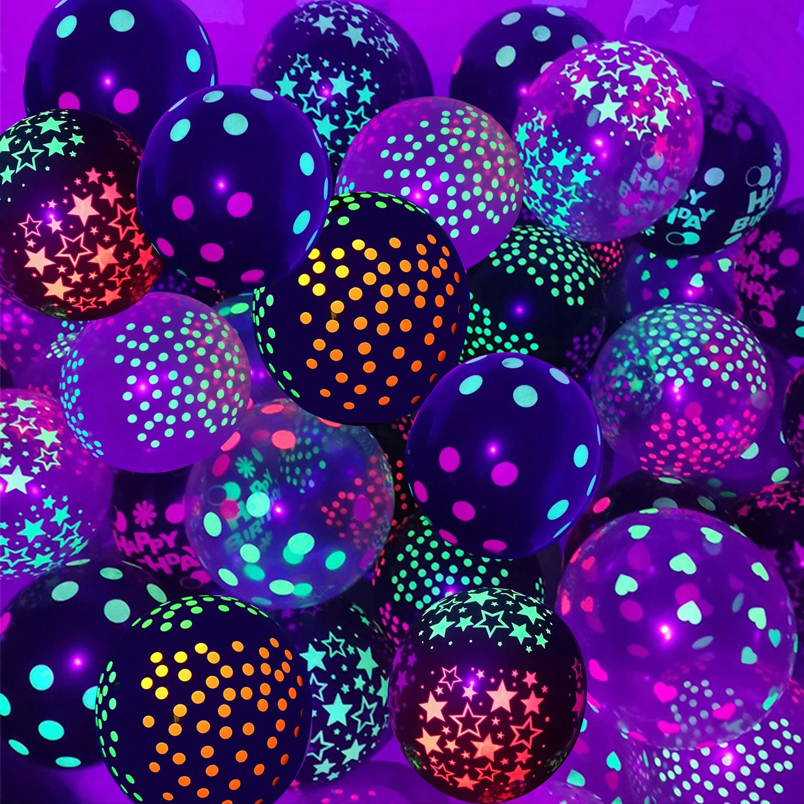50 قطعة من بالونات النيون المتوهجة مقاس 12 بوصة، بالونات سميكة، بالونات مطبوعة لعيد الميلاد السعيد بنقاط النجوم، تتوهج في ضوء الأشعة فوق البنفسجية الفلورسنت La