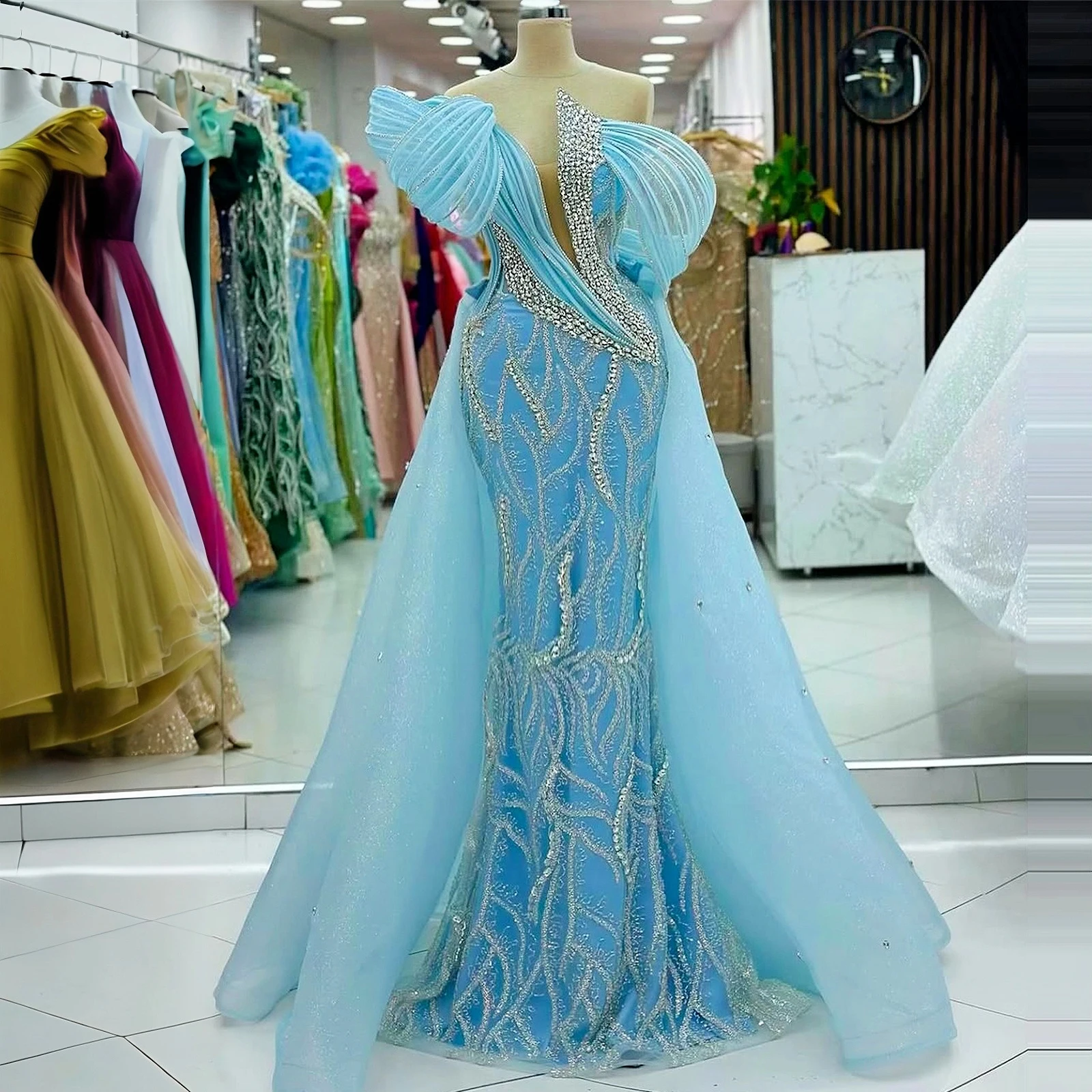 New Wave Pleated Crystal Evening Dress Blue Mermaid Dress with Train Ball Gown Formal Dress Customizable