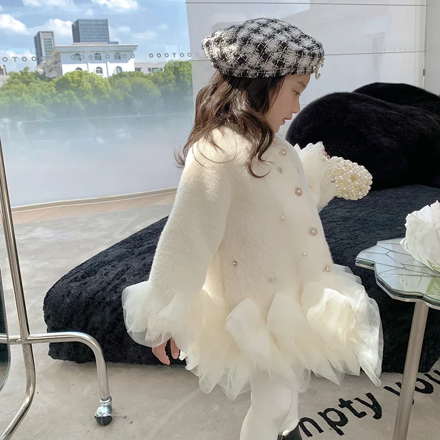 Baby Girls' Mink Fur Coat 2024 Winter Autumn Lace Hem Pearl Single Breasted Korean Princess Soft Thickened Warm 3-10 Years Old