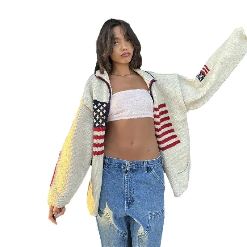 

Autumn Winter Pattern Jacquard Zipper Knitted Sweater Harajuku Casual Retro Street Fashion Warm Soft Loose Womens Trendy Sweater