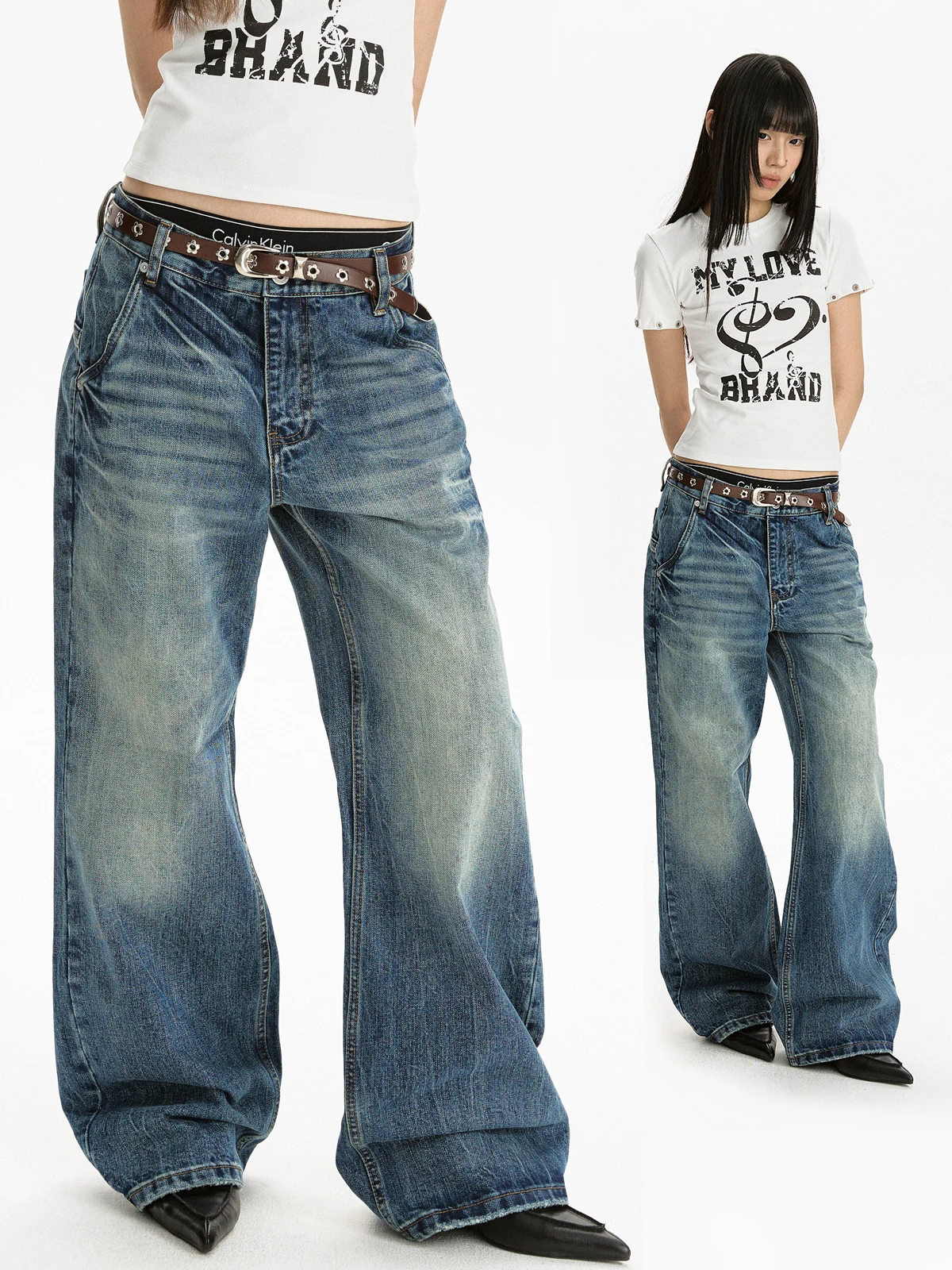 

Apocket American Washed Blue Lightning Pattern Personality Jeans Slim Straight Pants Couple High Waist Cotton Denim Jeans