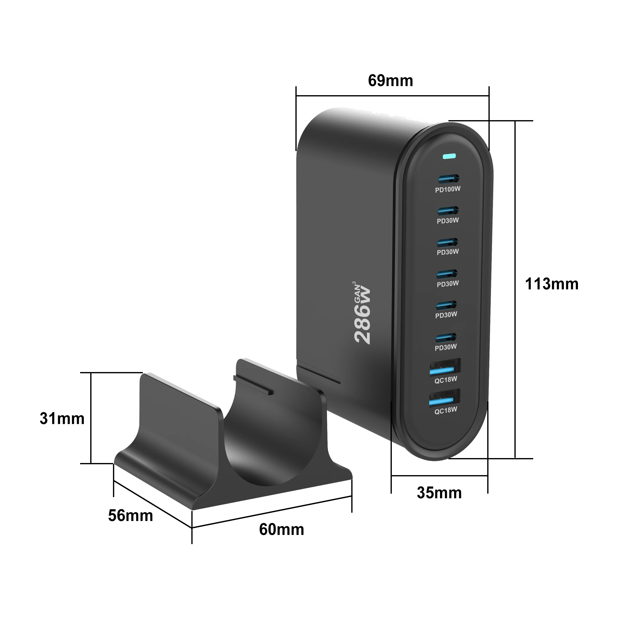 Imagem -03 - Carregador de Desktop Gan Usb tipo c pd Carregamento Rápido Móvel Portas 100w Usb 3.0 Pps 286w