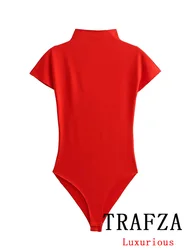 TRAFZA Sexy Vintage Bodysuits Red Solid Sleeveless Half High Collar Slim Bodysuits Fashion 2024 Spring Summer Female Jumpsuits